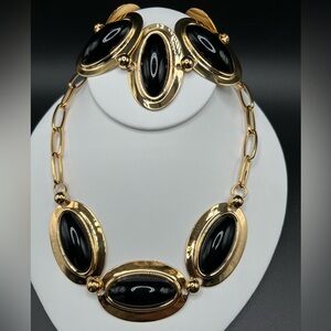 Chunky gold tone and black oval cabochon necklace bracelet set 90s